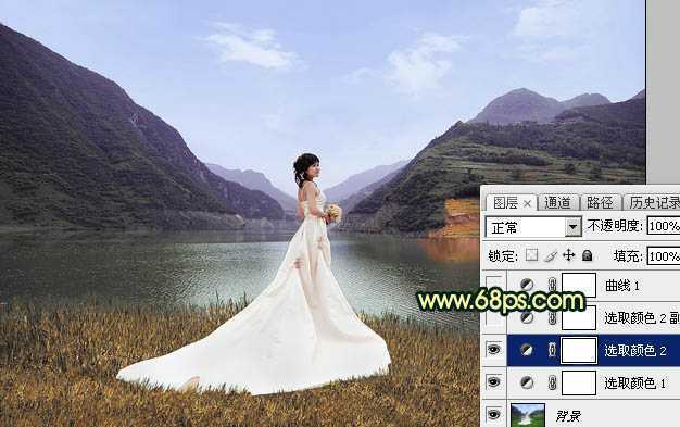 ‘Photoshop调出唯美的霞光色湖边的婚纱美女图片‘