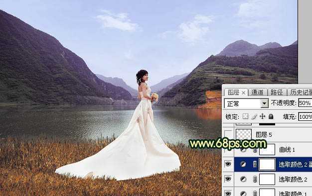 ‘Photoshop调出唯美的霞光色湖边的婚纱美女图片‘