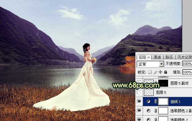 ‘Photoshop调出唯美的霞光色湖边的婚纱美女图片‘