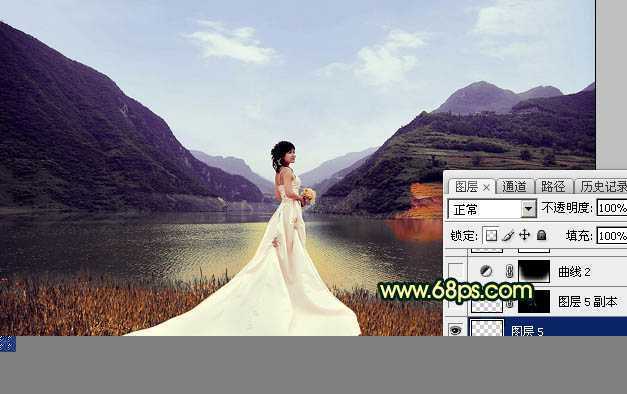 ‘Photoshop调出唯美的霞光色湖边的婚纱美女图片‘