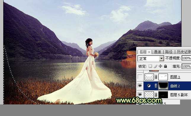 ‘Photoshop调出唯美的霞光色湖边的婚纱美女图片‘