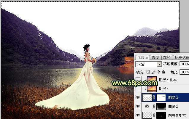 ‘Photoshop调出唯美的霞光色湖边的婚纱美女图片‘