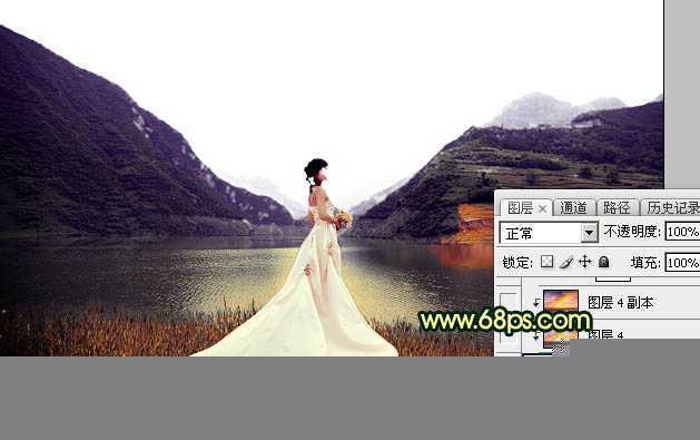 ‘Photoshop调出唯美的霞光色湖边的婚纱美女图片‘