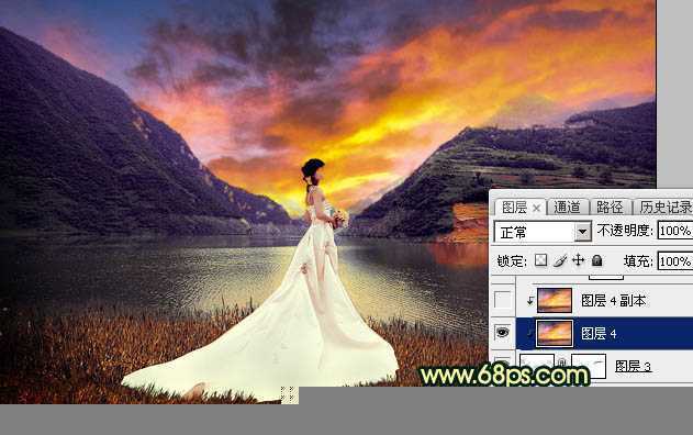 ‘Photoshop调出唯美的霞光色湖边的婚纱美女图片‘