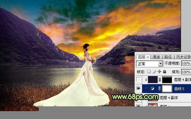 ‘Photoshop调出唯美的霞光色湖边的婚纱美女图片‘