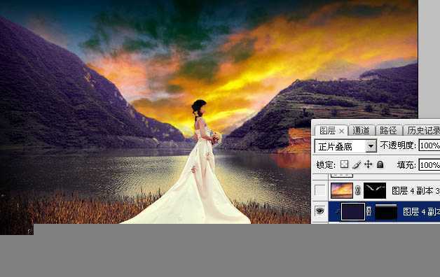 ‘Photoshop调出唯美的霞光色湖边的婚纱美女图片‘