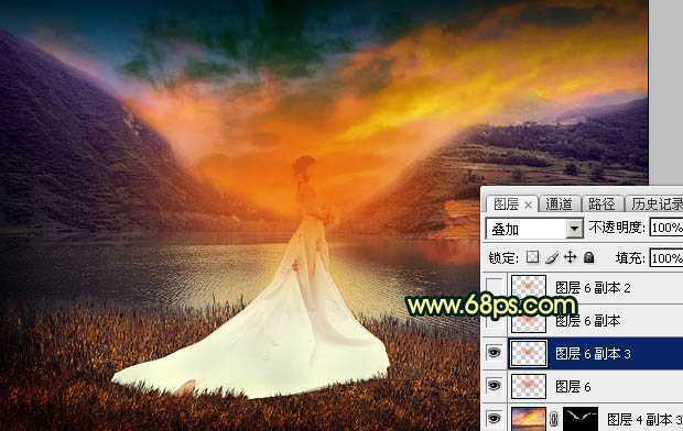 ‘Photoshop调出唯美的霞光色湖边的婚纱美女图片‘