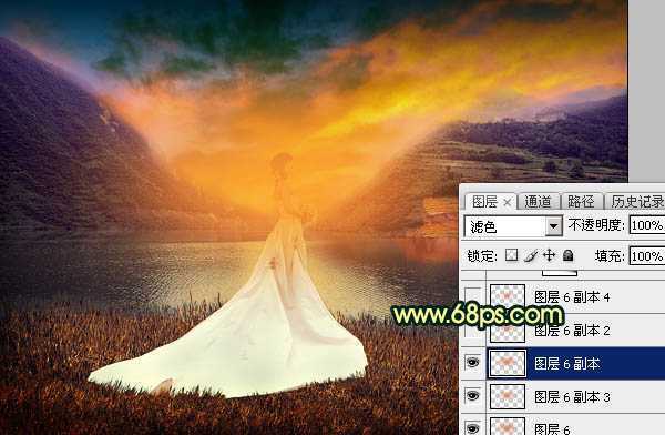 ‘Photoshop调出唯美的霞光色湖边的婚纱美女图片‘