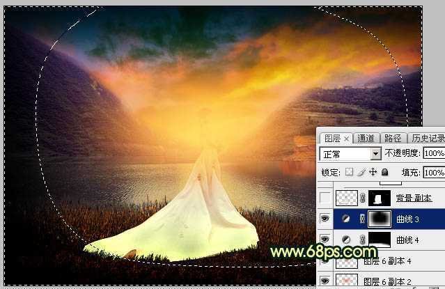 ‘Photoshop调出唯美的霞光色湖边的婚纱美女图片‘