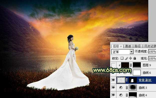 ‘Photoshop调出唯美的霞光色湖边的婚纱美女图片‘