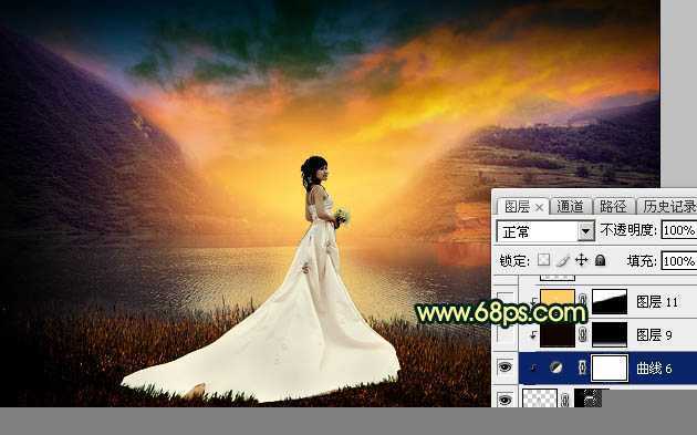 ‘Photoshop调出唯美的霞光色湖边的婚纱美女图片‘
