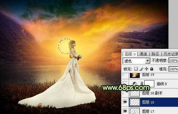 ‘Photoshop调出唯美的霞光色湖边的婚纱美女图片‘