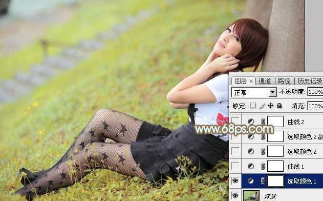 ‘Photoshop将草地美女图片打造柔美的韩系粉黄色‘