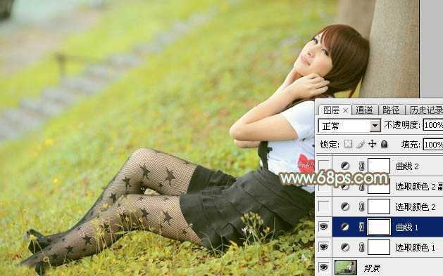 ‘Photoshop将草地美女图片打造柔美的韩系粉黄色‘