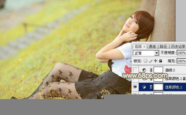 ‘Photoshop将草地美女图片打造柔美的韩系粉黄色‘