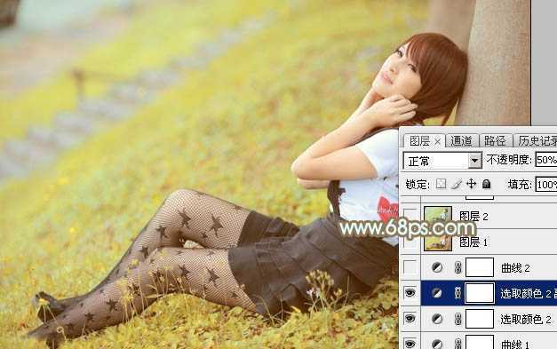 ‘Photoshop将草地美女图片打造柔美的韩系粉黄色‘