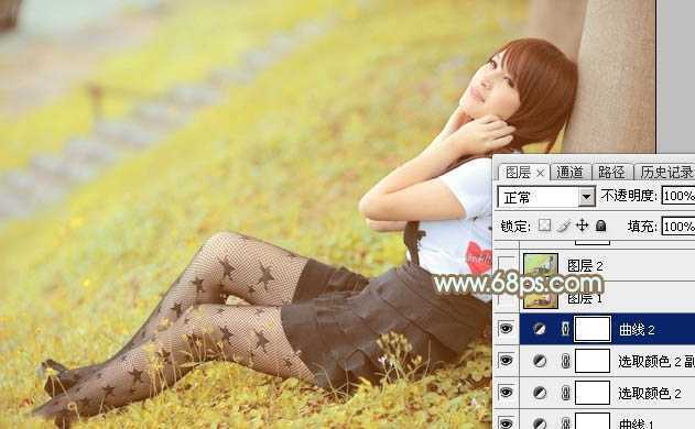 ‘Photoshop将草地美女图片打造柔美的韩系粉黄色‘