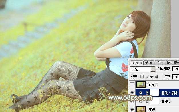 ‘Photoshop将草地美女图片打造柔美的韩系粉黄色‘