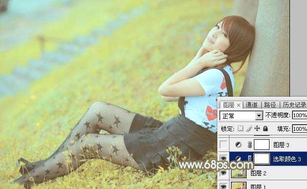 ‘Photoshop将草地美女图片打造柔美的韩系粉黄色‘