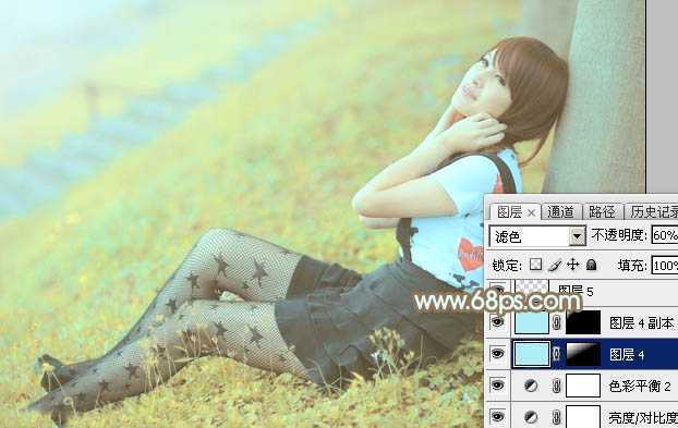 ‘Photoshop将草地美女图片打造柔美的韩系粉黄色‘
