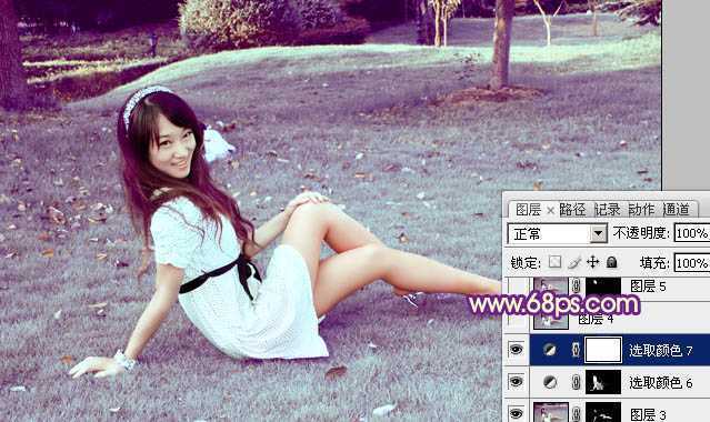 ‘Photoshop将外景草地美女图片调制出淡淡甜美的青紫色‘