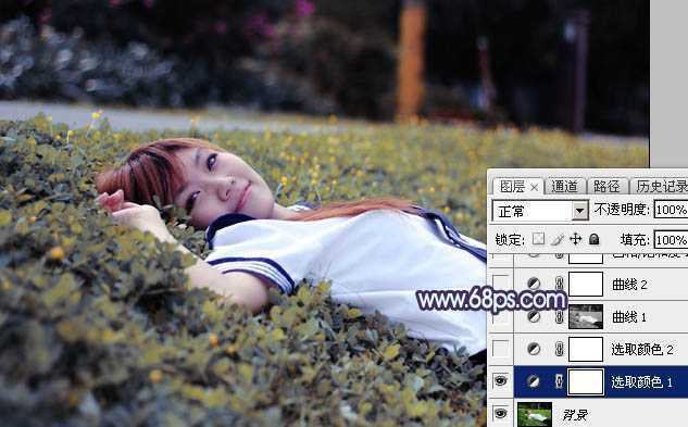 ‘Photoshop将草地人物图片调制出柔美的梦幻暗调蓝黄色‘