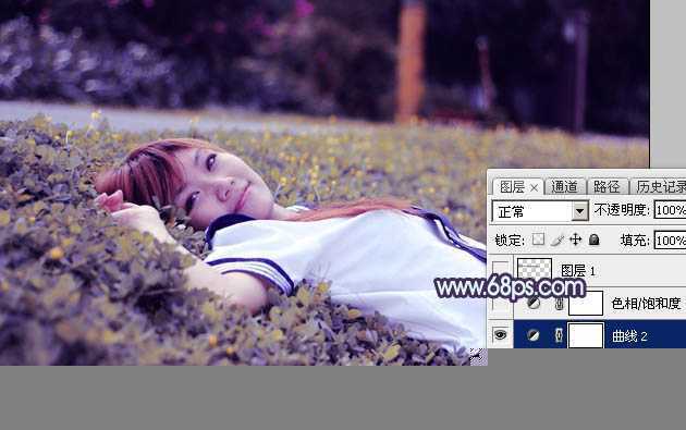 ‘Photoshop将草地人物图片调制出柔美的梦幻暗调蓝黄色‘