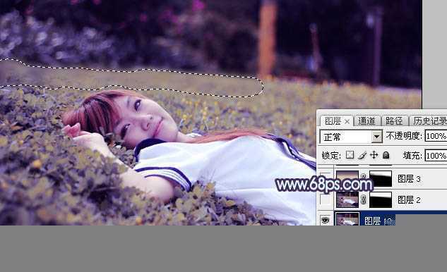 ‘Photoshop将草地人物图片调制出柔美的梦幻暗调蓝黄色‘