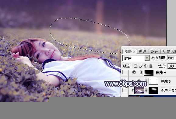 ‘Photoshop将草地人物图片调制出柔美的梦幻暗调蓝黄色‘