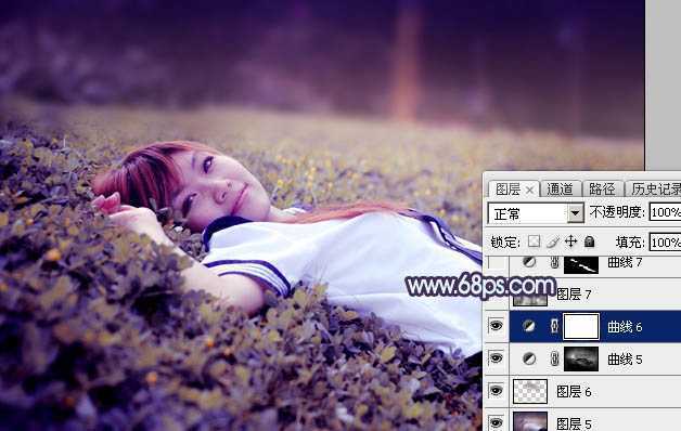 ‘Photoshop将草地人物图片调制出柔美的梦幻暗调蓝黄色‘