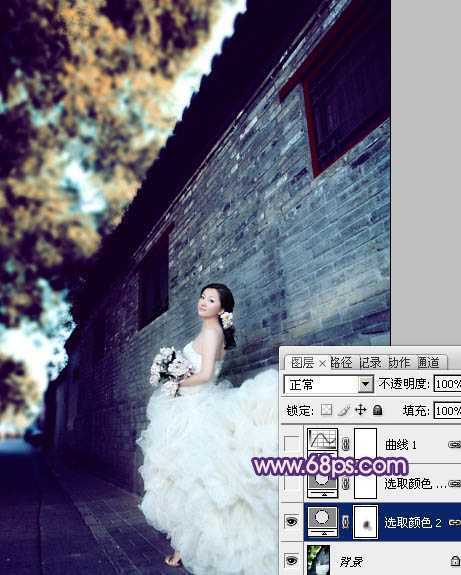 ‘Photoshop将古建筑婚片调制出柔和的橙蓝色效果‘