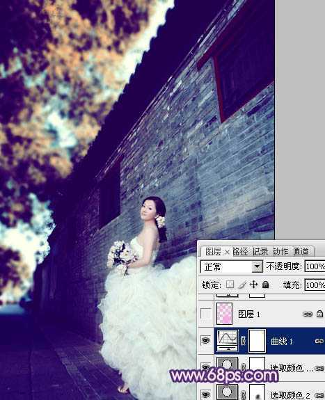 ‘Photoshop将古建筑婚片调制出柔和的橙蓝色效果‘