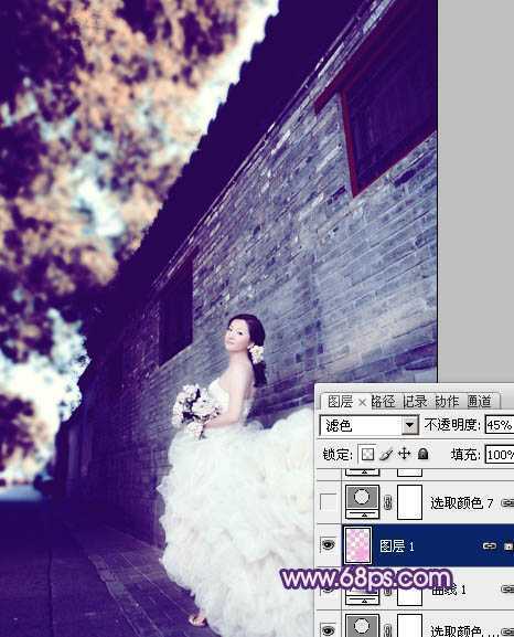 ‘Photoshop将古建筑婚片调制出柔和的橙蓝色效果‘