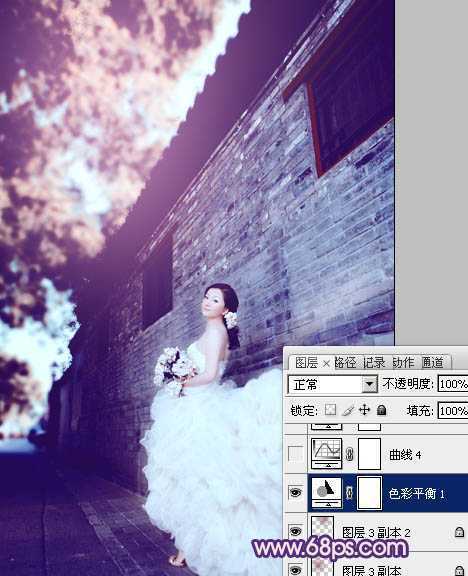 ‘Photoshop将古建筑婚片调制出柔和的橙蓝色效果‘