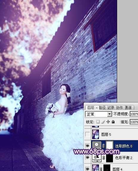 ‘Photoshop将古建筑婚片调制出柔和的橙蓝色效果‘