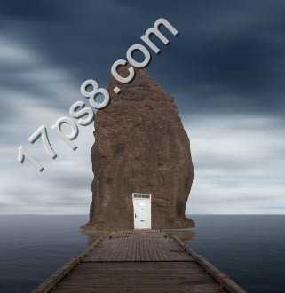 ‘photoshop合成制作出奇形怪状的石头房子矗立在海边的恐怖场景‘