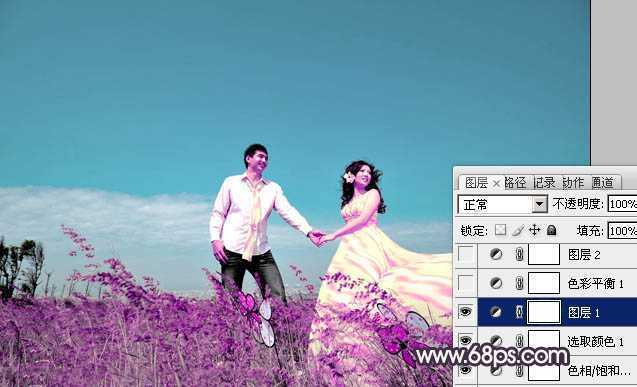 ‘Photosho将草地婚片打造出漂亮的青紫色效果‘