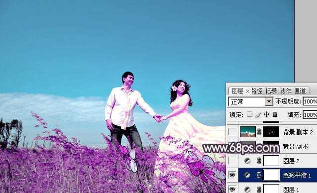 ‘Photosho将草地婚片打造出漂亮的青紫色效果‘