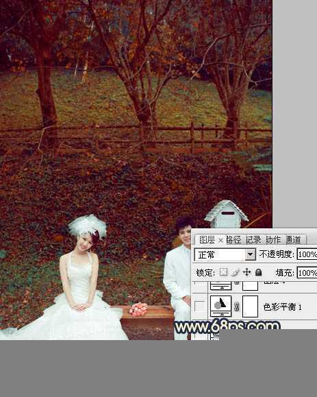 ‘Photosho将公园婚片调制出漂亮的暗红色‘