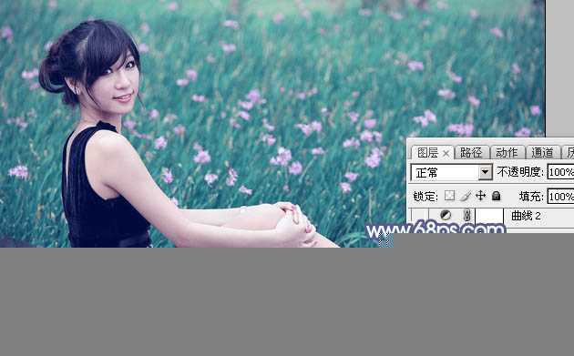 ‘Photoshop将花草中的美女加上唯美梦幻的青蓝色‘