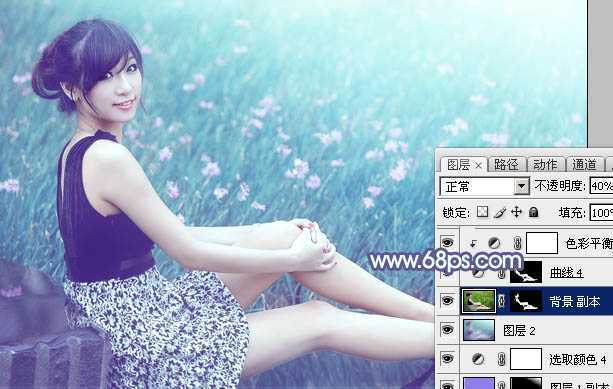 ‘Photoshop将花草中的美女加上唯美梦幻的青蓝色‘