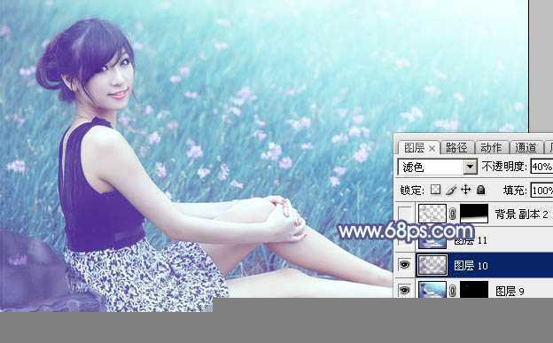 ‘Photoshop将花草中的美女加上唯美梦幻的青蓝色‘