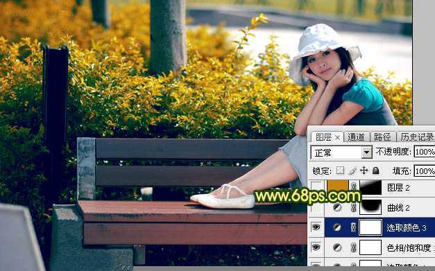‘Photoshop调制出暗调秋季黄褐色花坛边美女图片‘