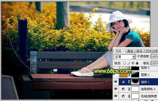 ‘Photoshop调制出暗调秋季黄褐色花坛边美女图片‘
