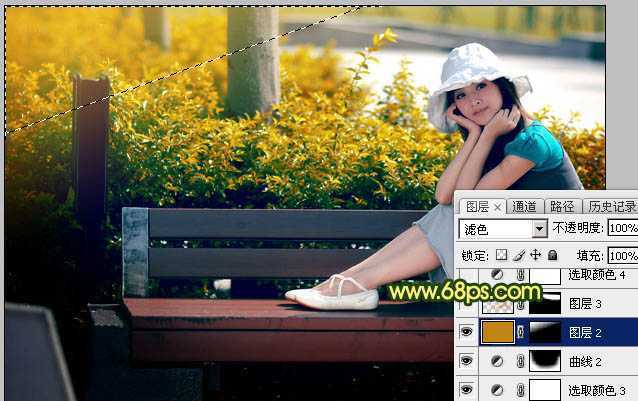 ‘Photoshop调制出暗调秋季黄褐色花坛边美女图片‘