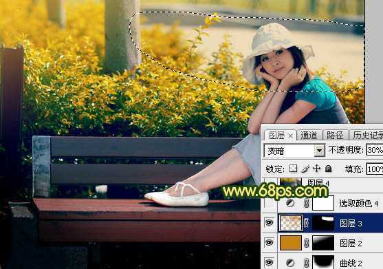 ‘Photoshop调制出暗调秋季黄褐色花坛边美女图片‘