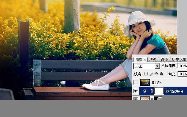 ‘Photoshop调制出暗调秋季黄褐色花坛边美女图片‘