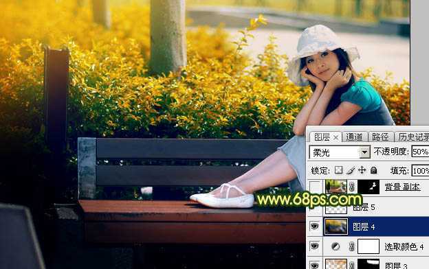 ‘Photoshop调制出暗调秋季黄褐色花坛边美女图片‘