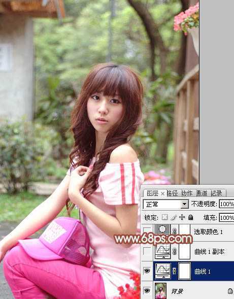 ‘Photoshop为花坛边美女图片增加朦胧小清新的淡调红褐色‘