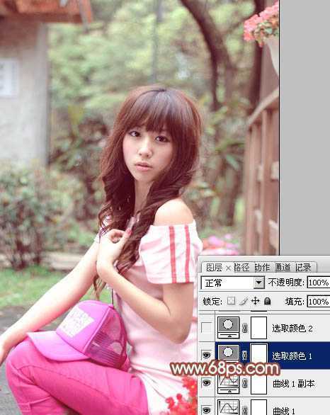 ‘Photoshop为花坛边美女图片增加朦胧小清新的淡调红褐色‘
